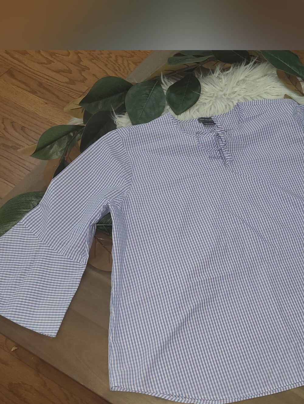 Van Heusen Women's Gingham Tunic Top Popover Tied Blouse XXL Ruffle 3/4 Sleeve